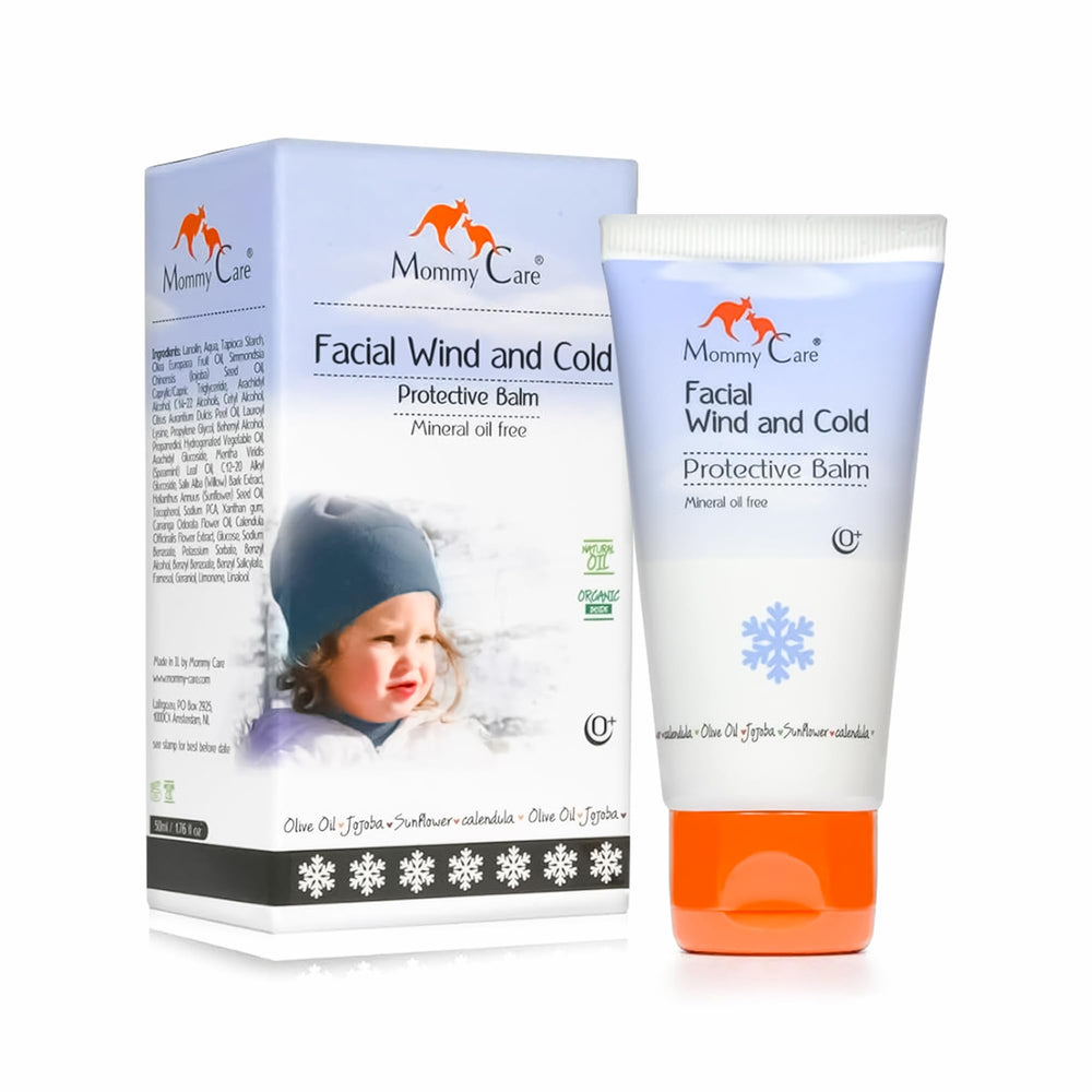 Mommy Care facial balm packaging shown as a compact winter skin protector.