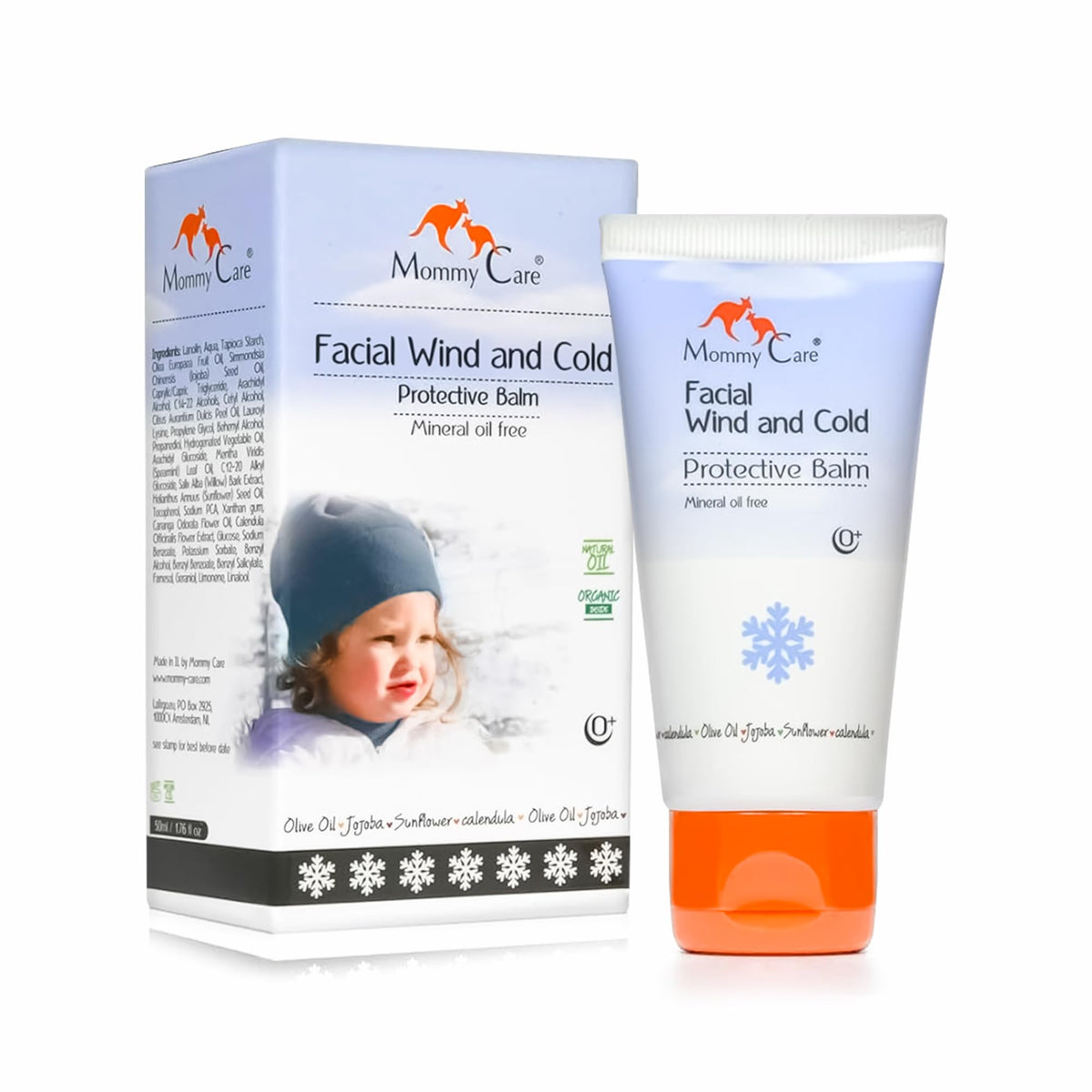 Mommy Care facial balm packaging shown as a compact winter skin protector.