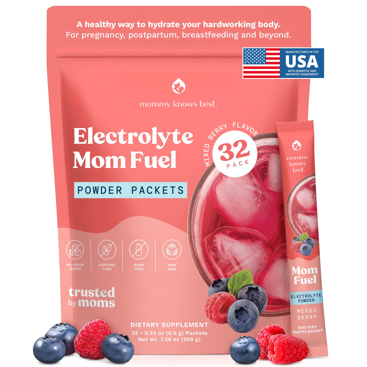 Mommy Knows Best Mom Fuel powder tub – berry hydration for busy moms.