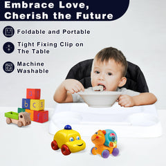 Mommyhug collapsible high chair with tray demonstrates easy folding.
