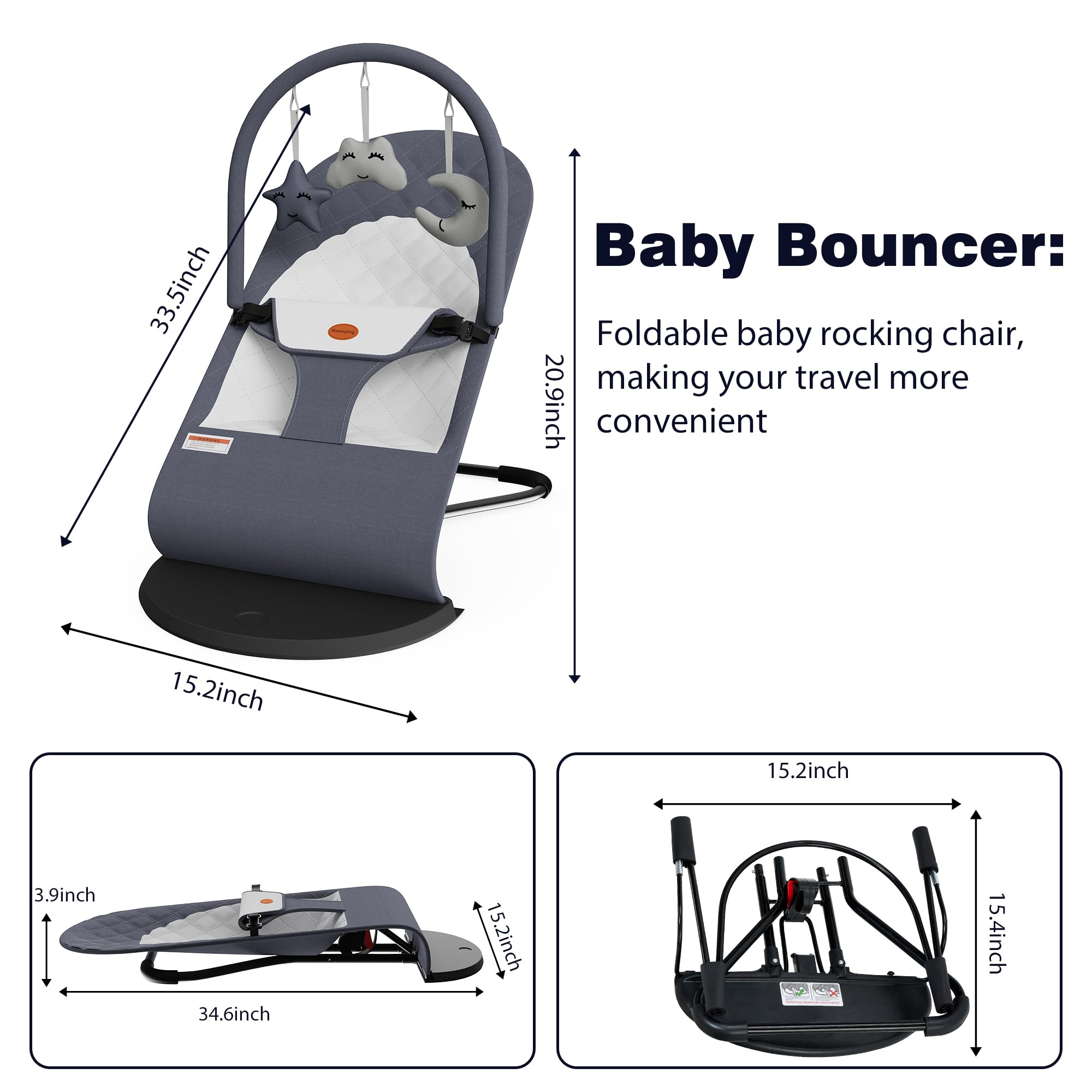 Mommyhug portable bouncer gray machine-washable cover simplifies cleaning.