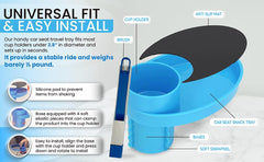 MommyMob travel tray highlights universal fit for cup holders up to 2.8 inches in diameter.