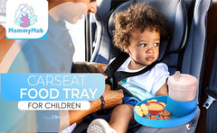 MommyMob travel tray blue demonstrates 360-degree rotation to keep kids entertained during drives.