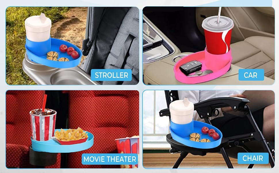 MommyMob tray's built-in coaster helps prevent slips and catches crumbs on the go.
