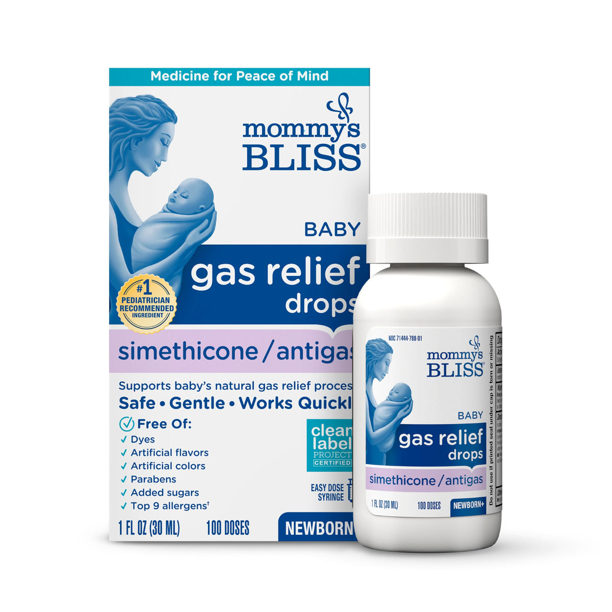 Mommy's Bliss Gas Relief Drops bottle with dropper for quick infant relief.