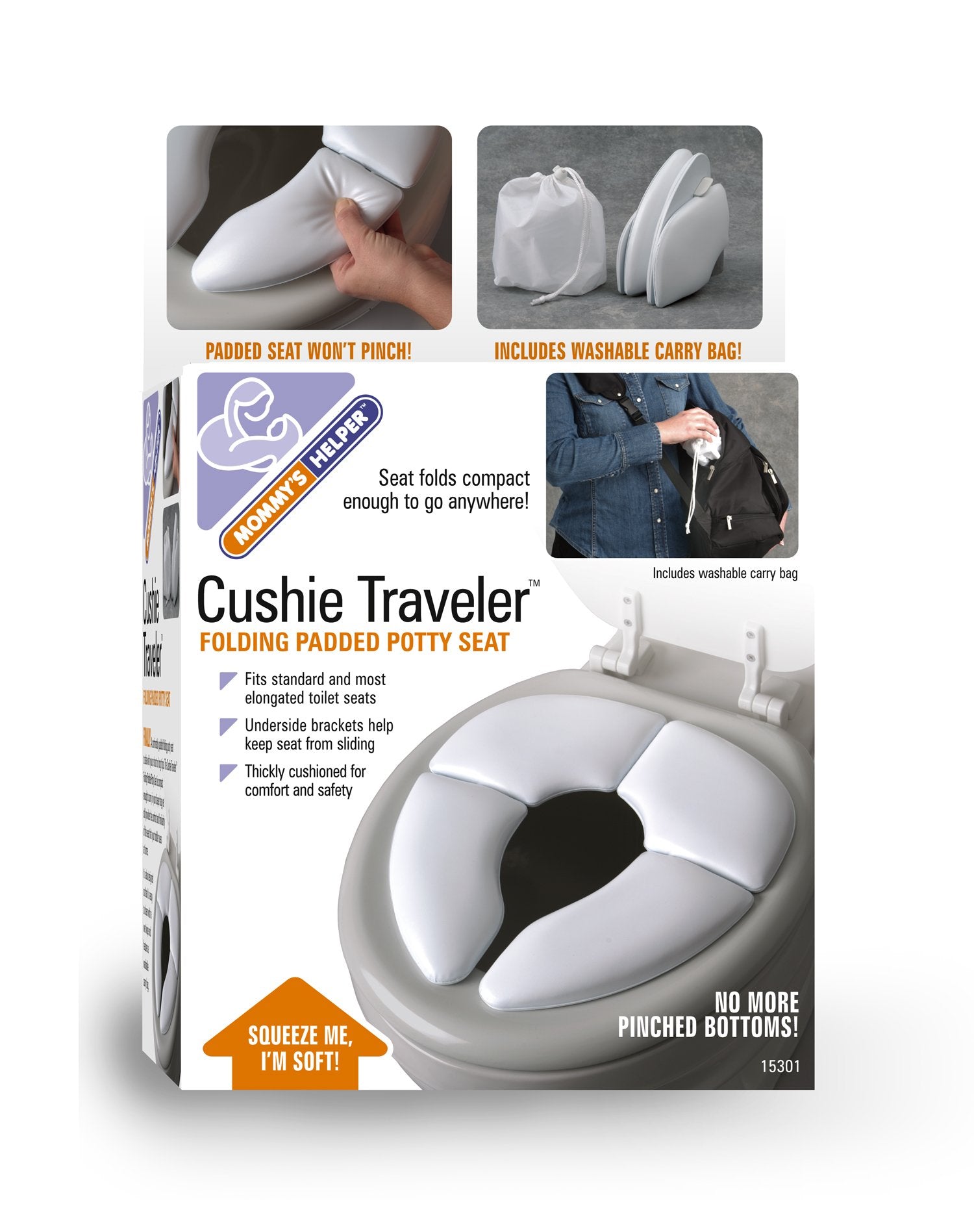 Safety-first: Cushie Traveler unfolds and positions at the back of the toilet.