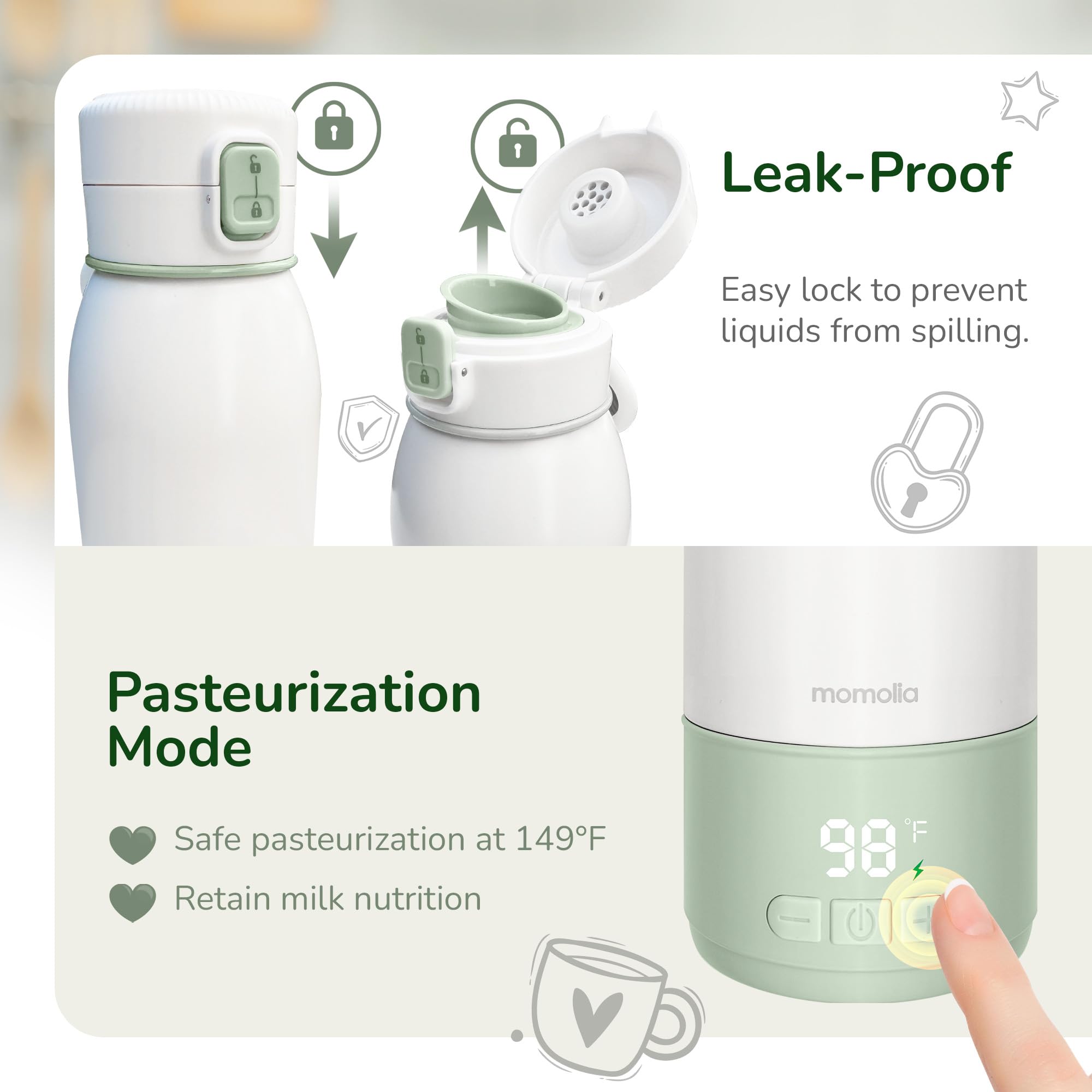 MOMOLIA portable milk warmer backpack-ready design enables all-day feeding plans