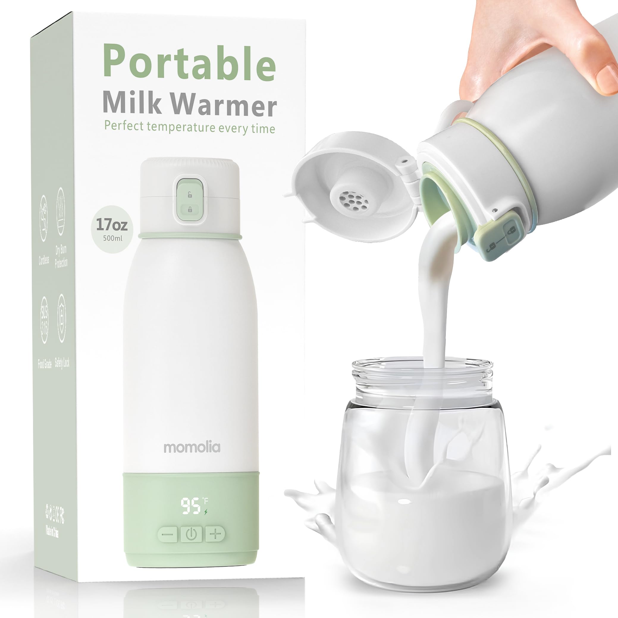 MOMOLIA portable milk warmer front view shows compact travel-ready design for on-the-go feeds