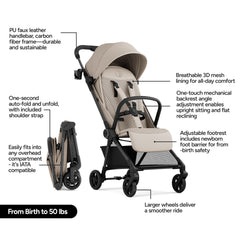 Mompush Nexis Carbon folded mode demonstrates quick auto-fold and self-standing convenience.