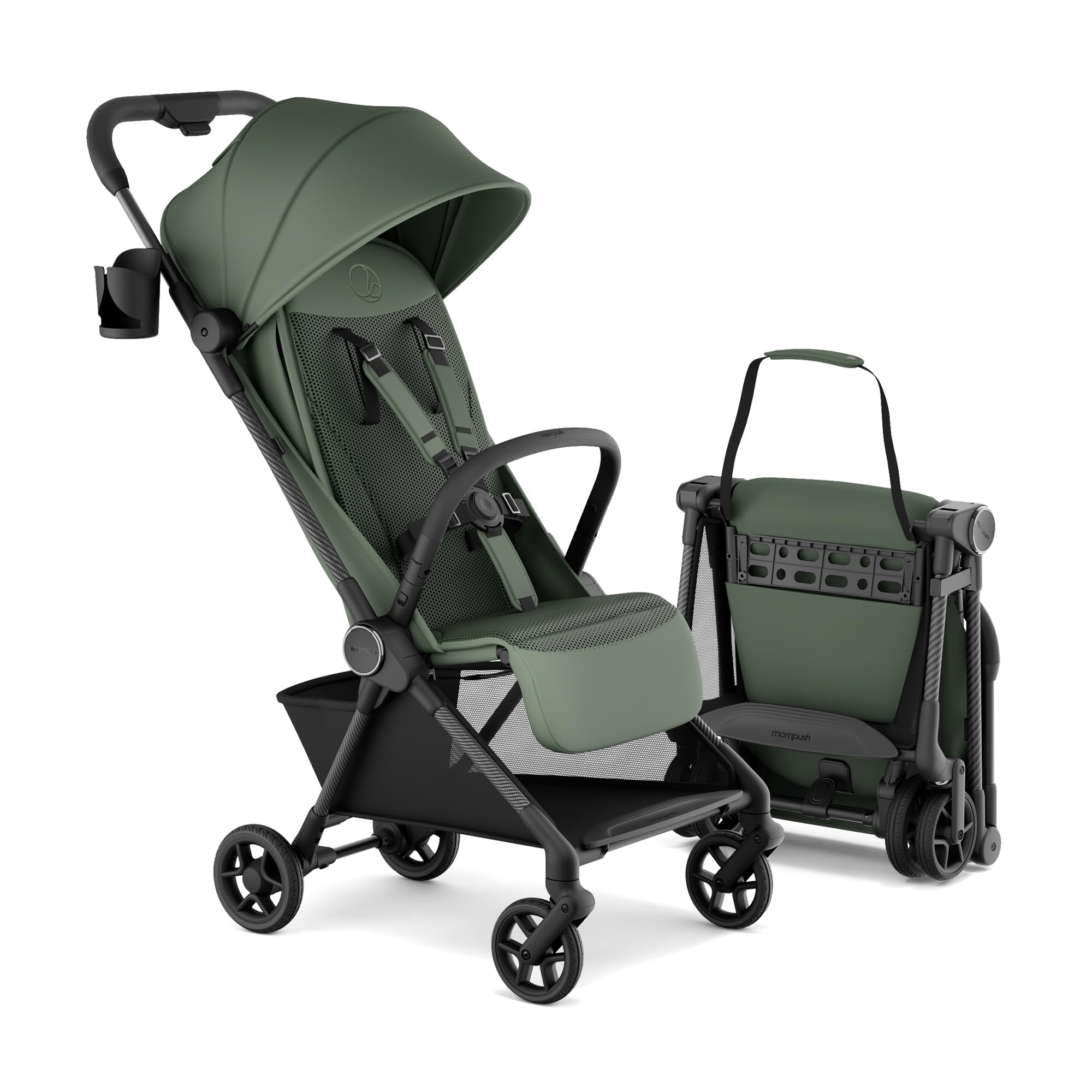 Mompush Nexis Carbon Travel Stroller fold action showing effortless one-second collapse for travel.
