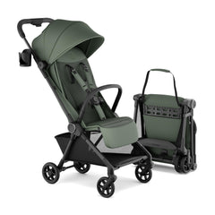 Mompush Nexis Carbon Travel Stroller fold action showing effortless one-second collapse for travel.