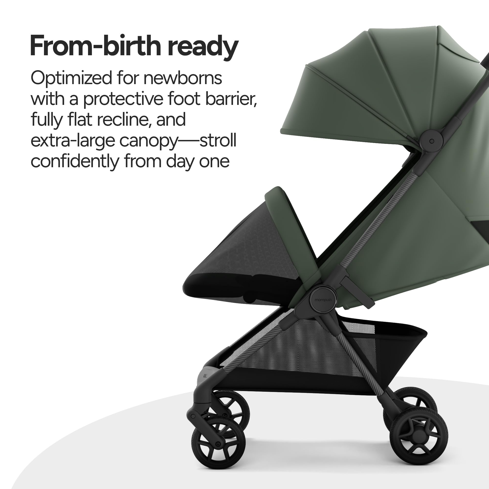 Mompush Nexis Carbon Travel Stroller adjustable harness keeps baby snug securely.