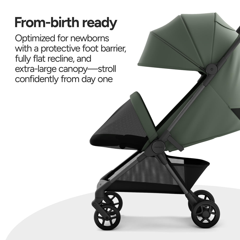 Mompush Nexis Carbon Travel Stroller adjustable harness keeps baby snug securely.