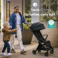 Mompush Nexis Carbon Travel Stroller one-hand use demonstrates hands-free maneuverability on errands.