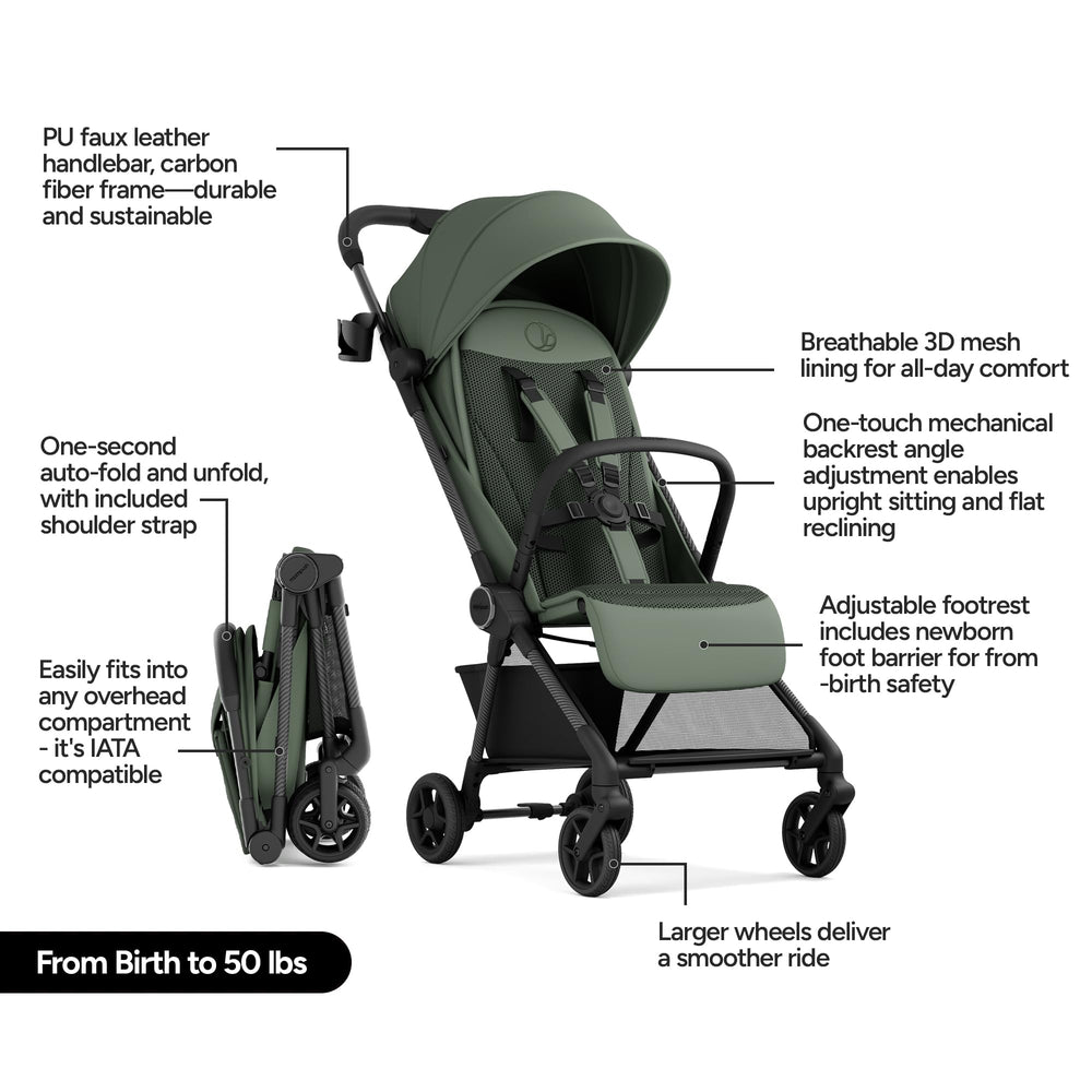 Mompush Nexis Carbon Travel Stroller recline positions highlight near-flat and upright comfort for naps.