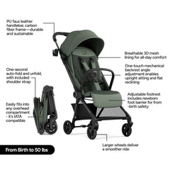 Mompush Nexis Carbon Travel Stroller recline positions highlight near-flat and upright comfort for naps.