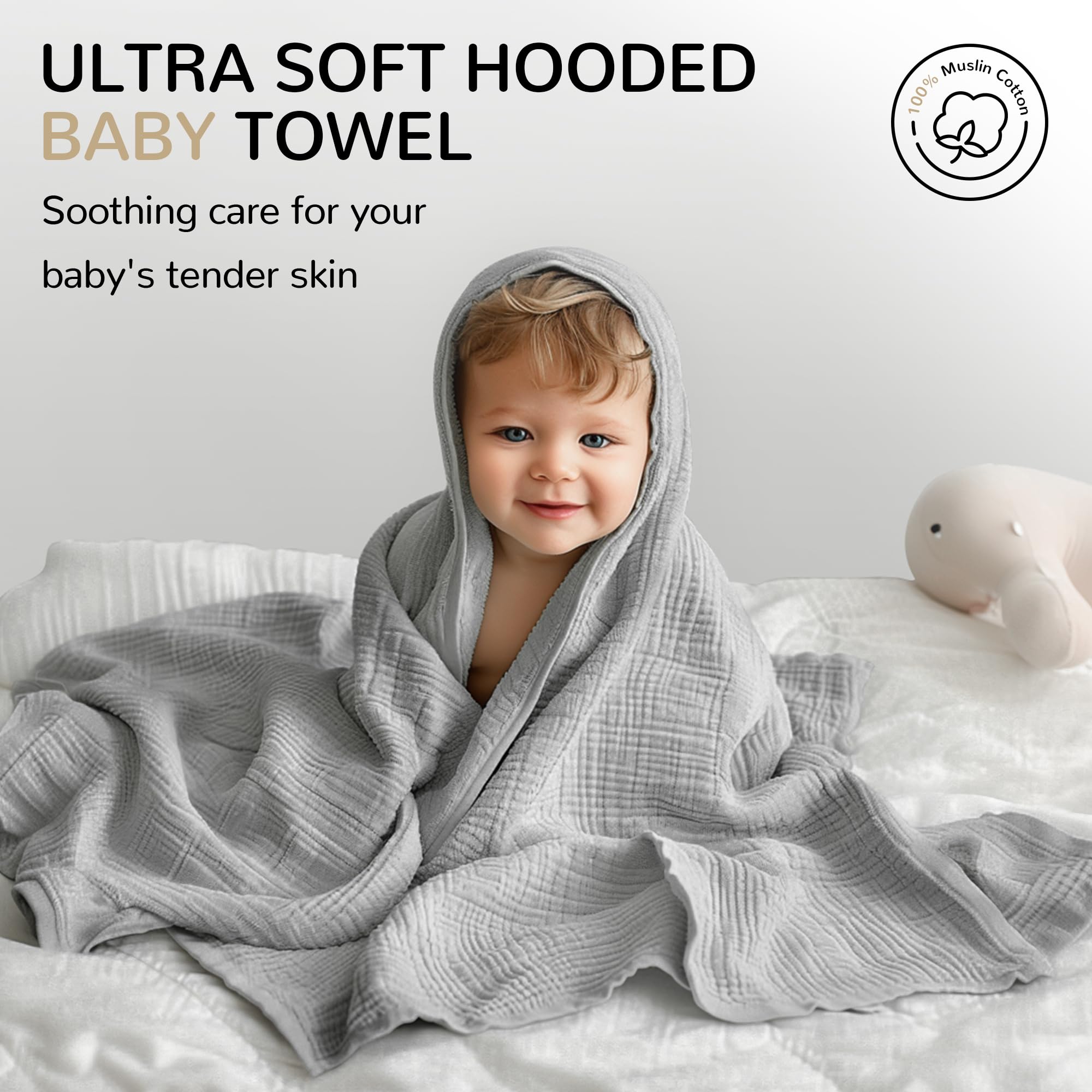 Momsnug hooded towel hood detail showing gentle face protection after bath