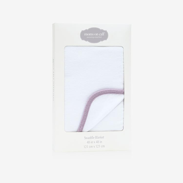 MOMS ON CALL swaddle blanket Peaceful Lilac shown with gift box for newborn gifting.