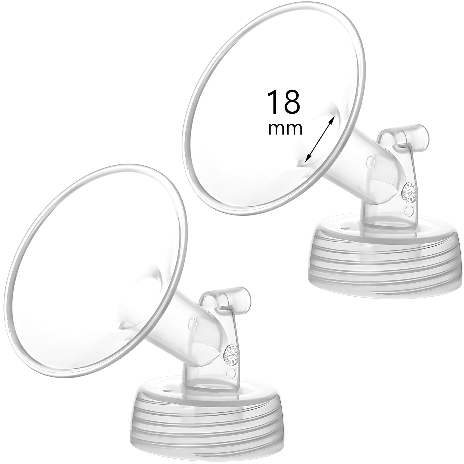 Momstouch 18mm flange closeup showing ergonomic wide-mouth opening for comfortable latch.