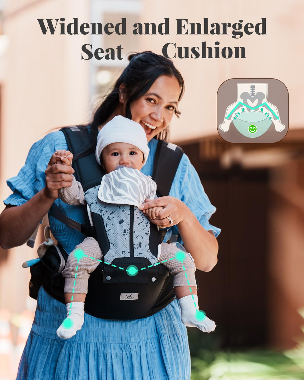 MOMTORY baby carrier-adjustable-shoulder-straps highlights breathable comfort for extended wear.