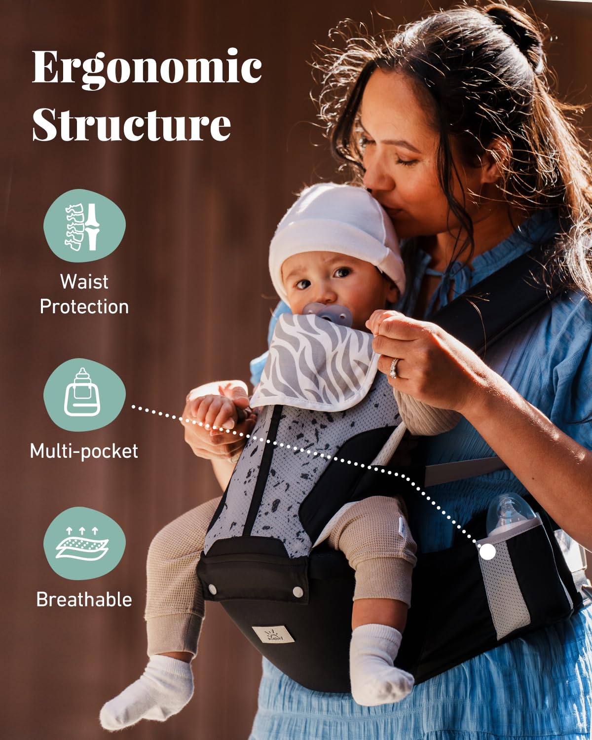 MOMTORY baby carrier-soft-tummy-core delivers gentle support without pressure on the midsection.