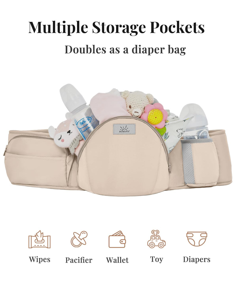 MOMTORY StowNGO Pro back carry position highlighting 6-in-1 versatility
