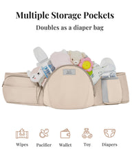 MOMTORY StowNGO Pro back carry position highlighting 6-in-1 versatility