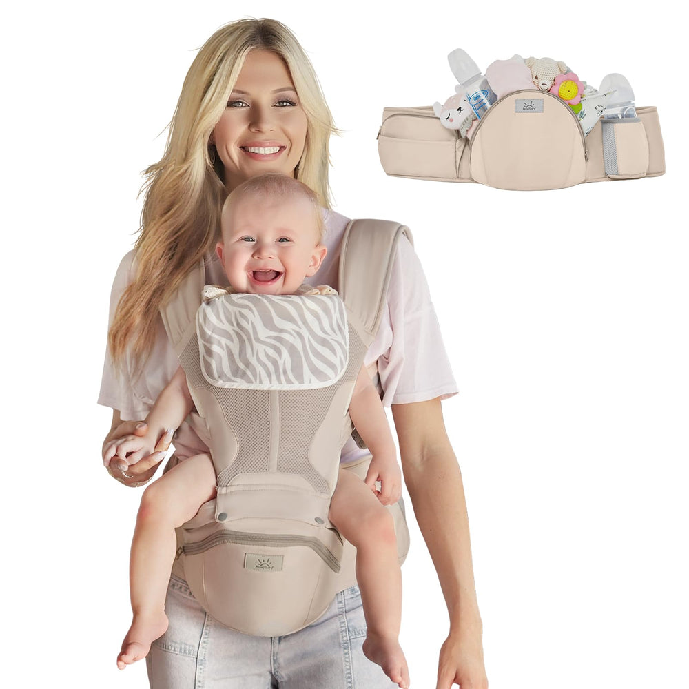 MOMTORY StowNGO Pro front-view carrier with ergonomic hip seat for comfort
