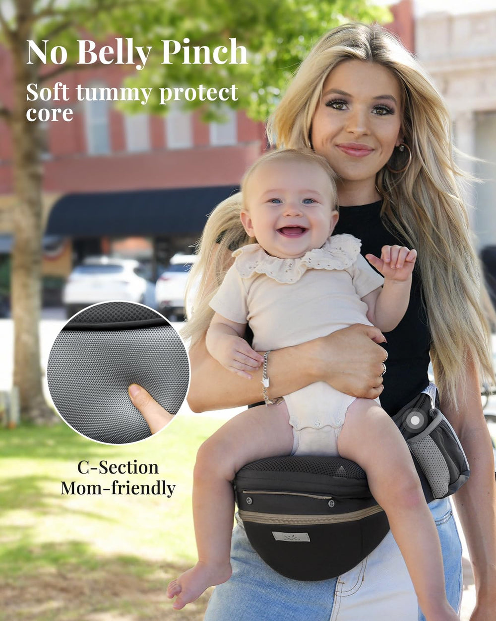 MOMTORY StowNGO Pro diaper bag storage pockets visible for essentials