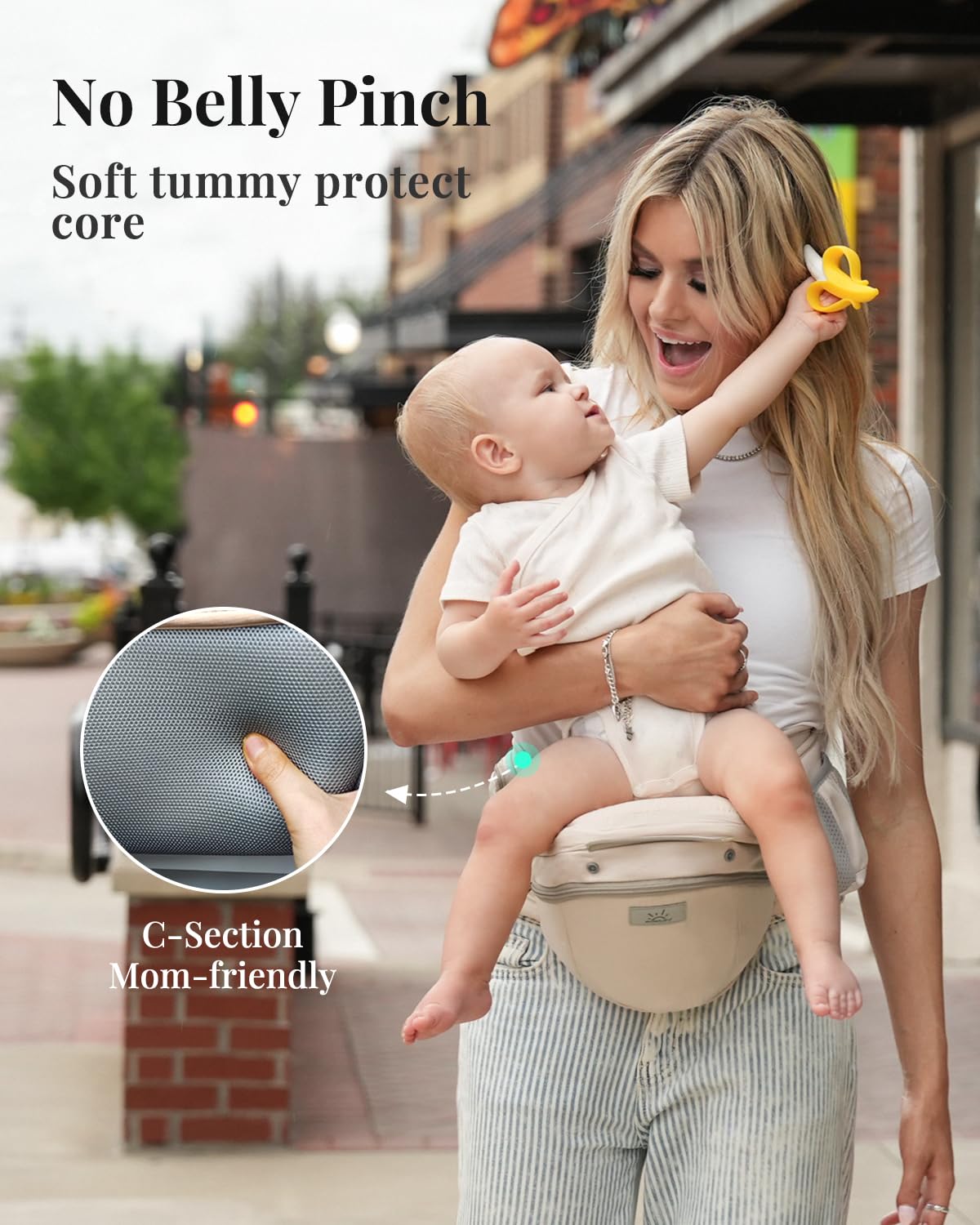 MOMTORY StowNGO Pro hip seat showing even weight distribution