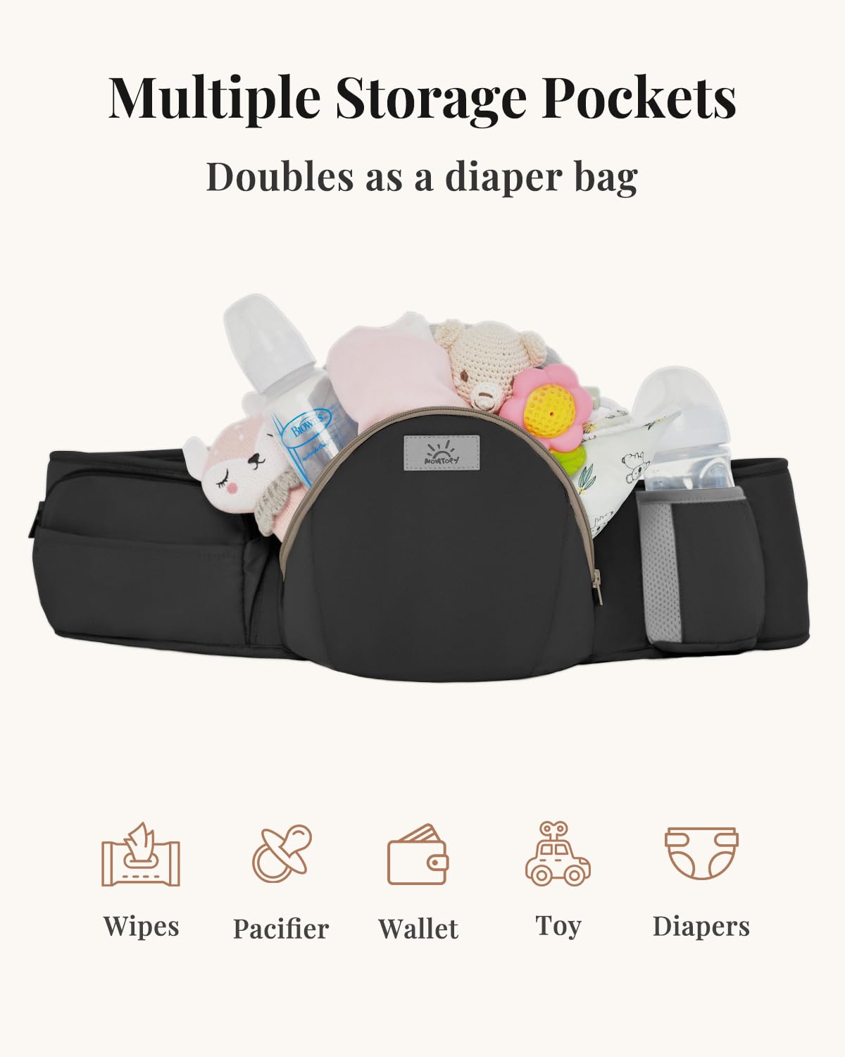 MOMTORY StowNGO Pro hip seat in use for even weight distribution