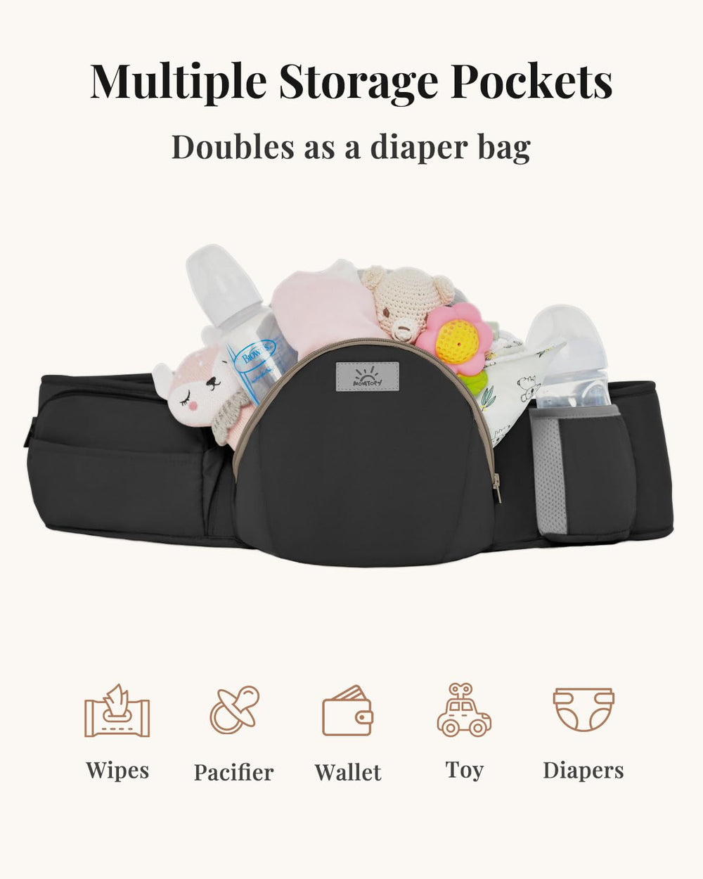 MOMTORY StowNGO Pro hip seat in use for even weight distribution