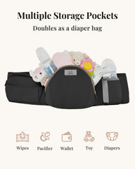 MOMTORY StowNGO Pro hip seat in use for even weight distribution