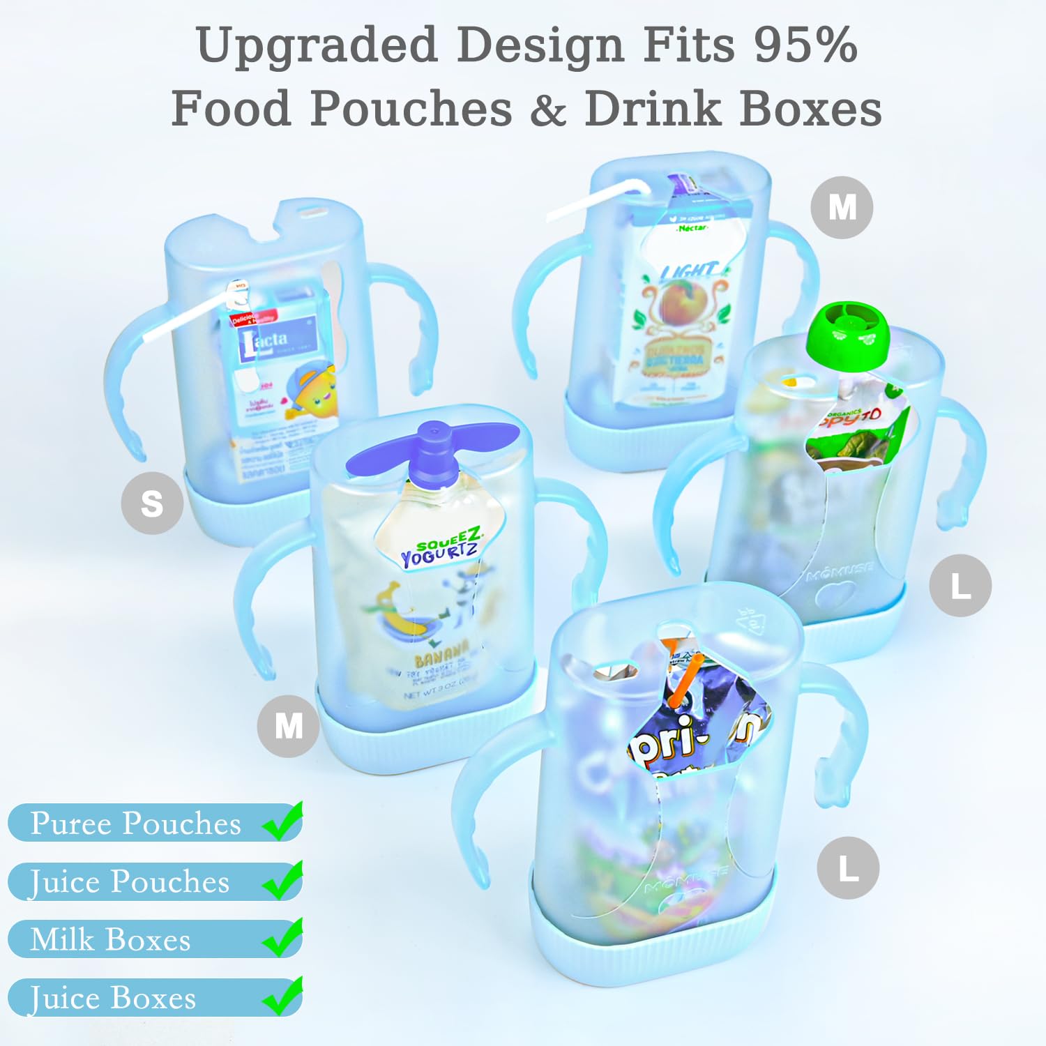 MOMUSE dual-lid holder in-use with baby shows mess-free feeding.