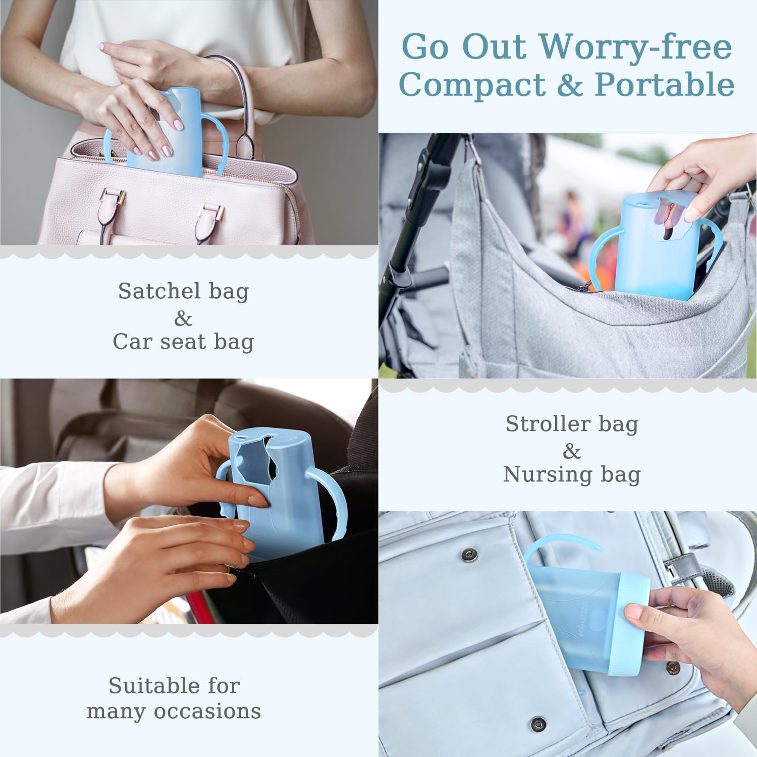 MOMUSE travel-friendly design image indicates mess-free car and restaurant use.