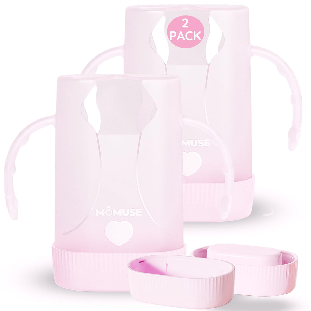 MOMUSE dual-lid pouch holder pink clip secures pouches to prevent spills during self-feeding