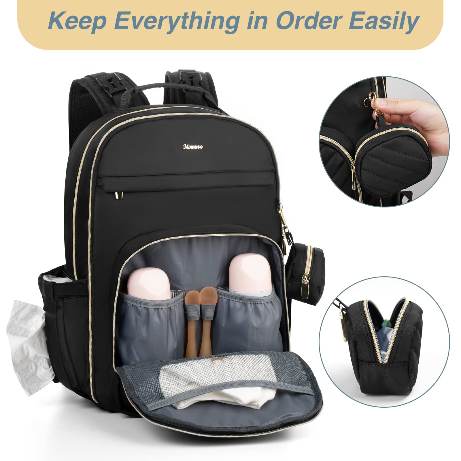 MOMUVO diaper bag backpack with insulated bottle pockets to keep drinks at the right temp.