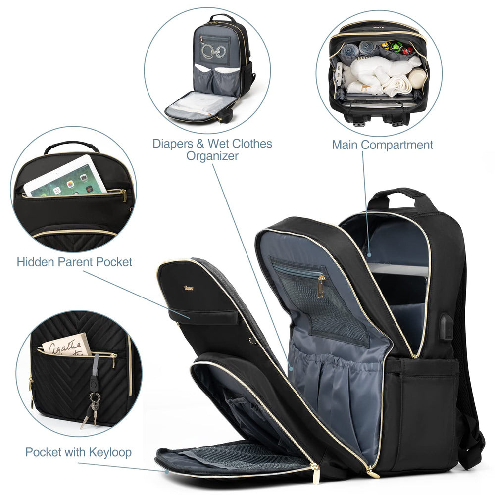 MOMUVO diaper bag backpack featuring laptop and iPad pockets for tech on the move.