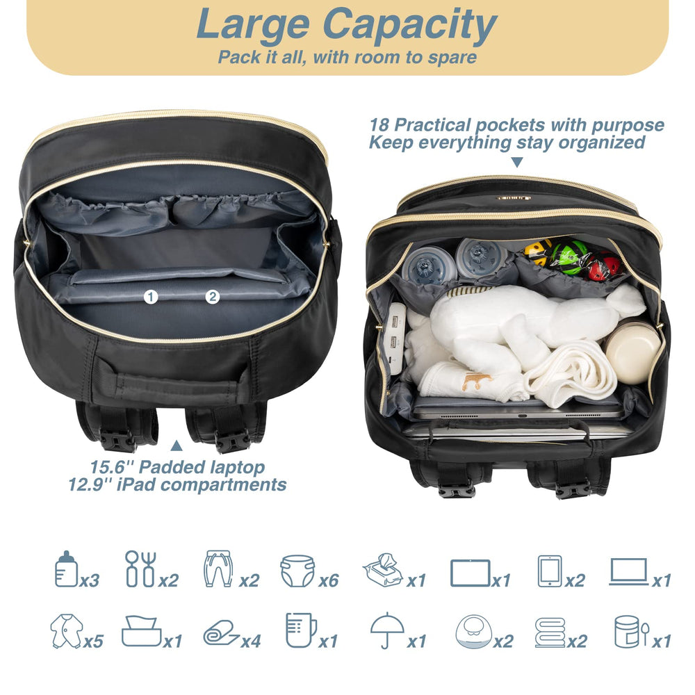 MOMUVO diaper bag backpack showing stroller straps for hands-free mobility.