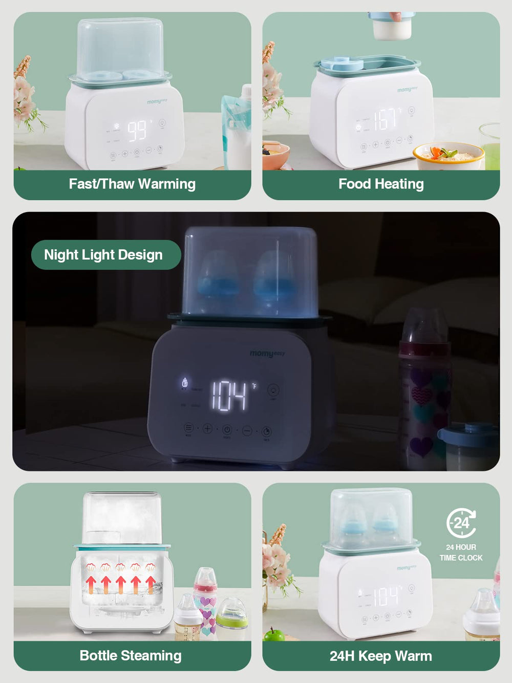 MOMYEASY bottle warmer keeps milk warm for 24 hours, ready when needed.