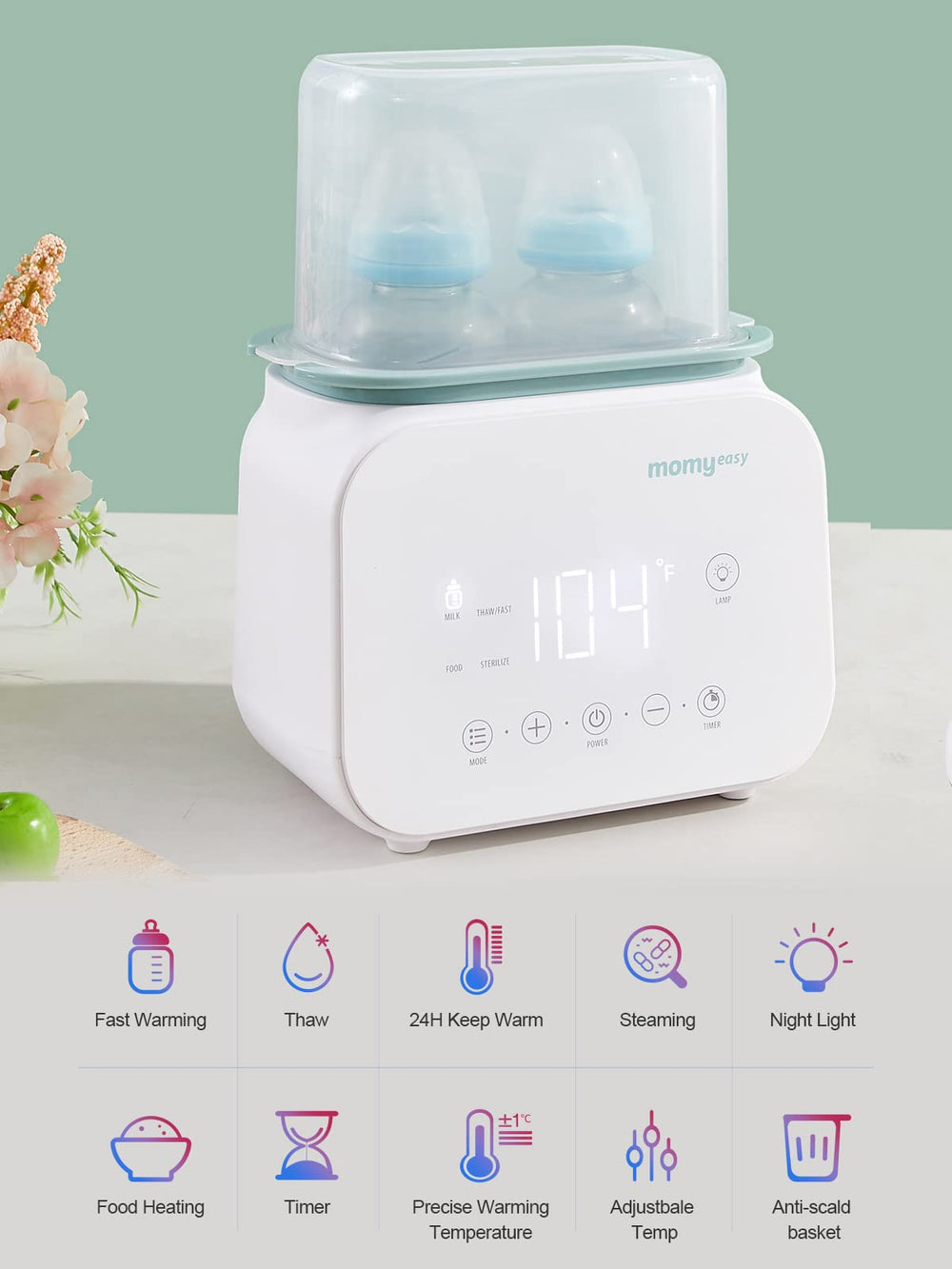 MOMYEASY bottle warmer LCD display highlights precise temperature control at a glance.