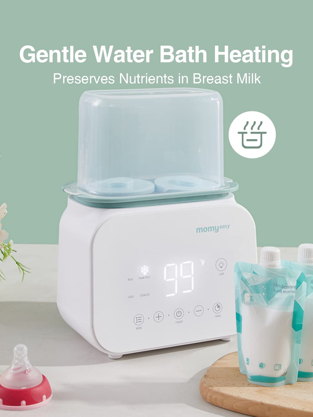MOMYEASY bottle warmer accommodates two bottles simultaneously during twin feeding.