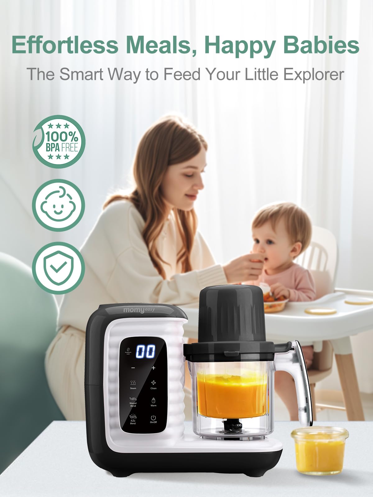 MOMYEASY BPA-free materials ensure safe, gentle cooking for baby.