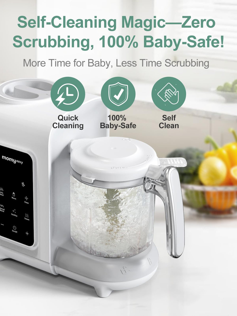 MOMYEASY BPA-free Tritan cup emphasizes safe ingredients for worry-free baby food prep.