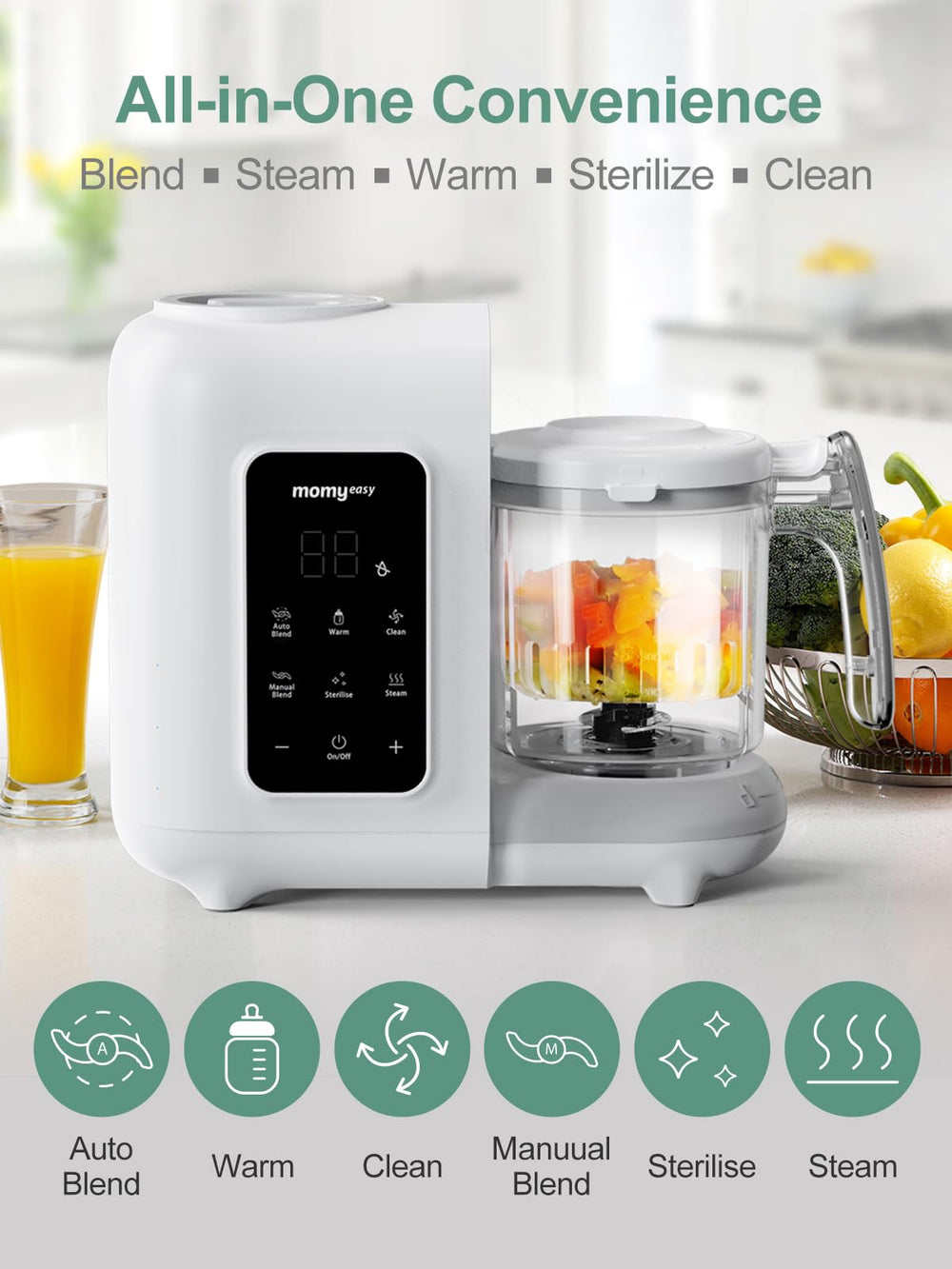 MOMYEASY self-clean function illustrates effortless maintenance for busy parents.