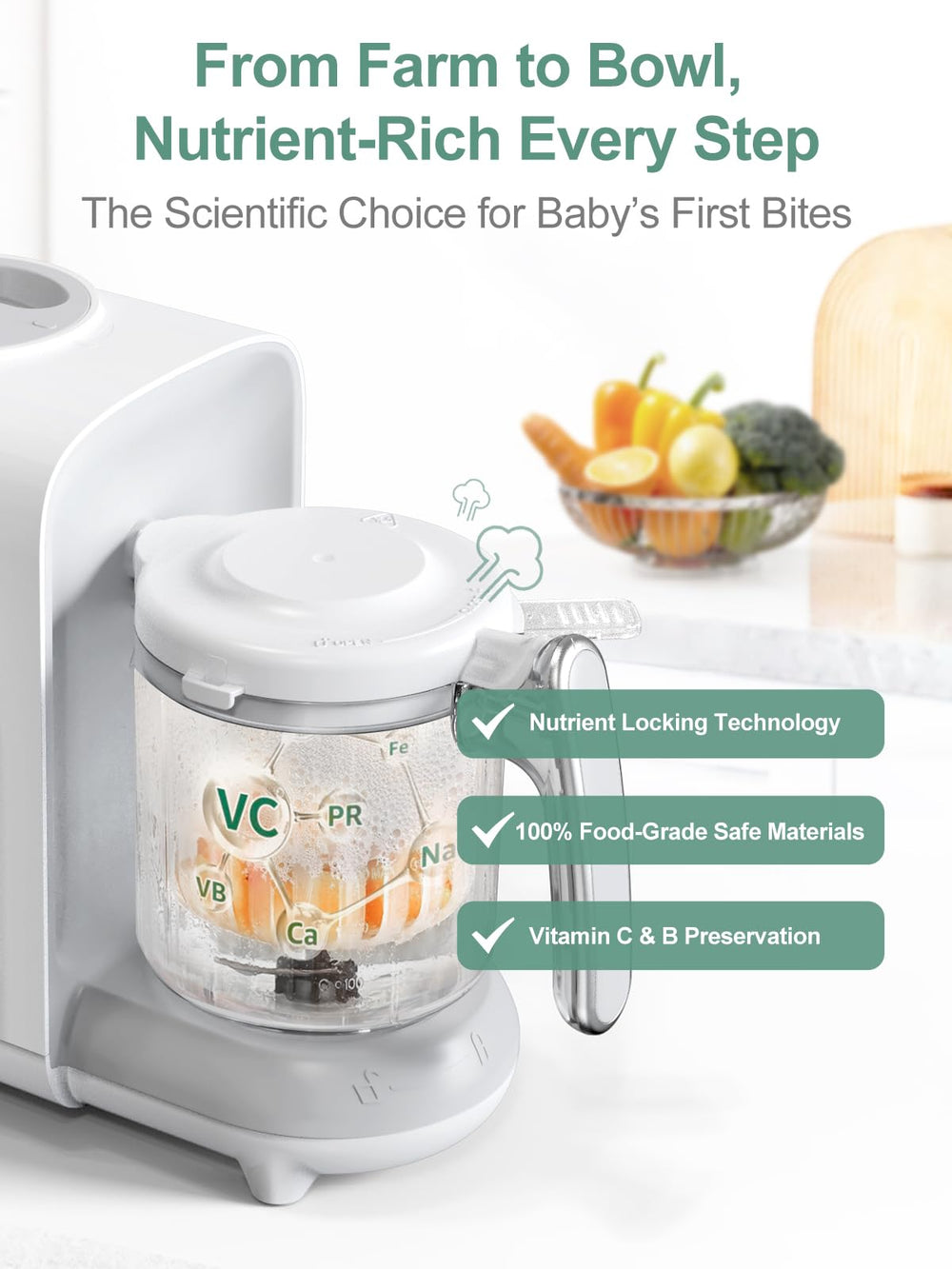 MOMYEASY steaming basket in use highlights nutrient-preserving steam for fresh meals.