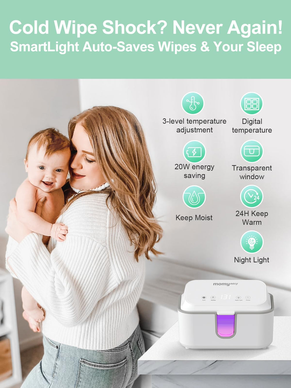 Momyeasy Wipe Warmer digital display highlights precise three-mode temperature control.