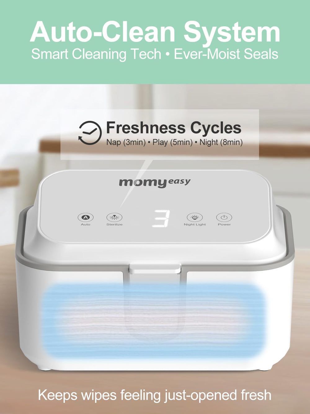 Momyeasy Wipe Warmer night light glows softly for late-night changes.
