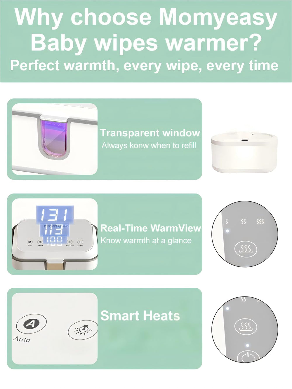 Momyeasy Wipe Warmer refill window enables quick status checks between uses.