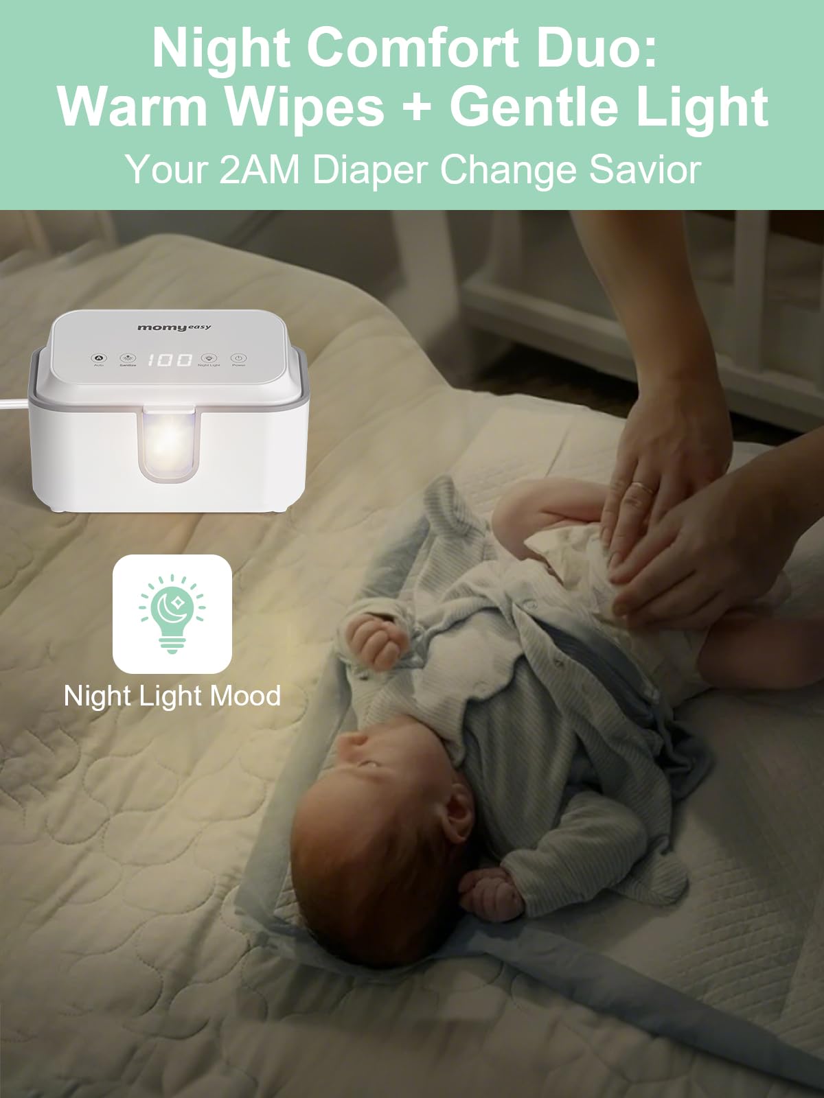 Momyeasy Wipe Warmer shows three temperature modes for newborn and quick tasks.